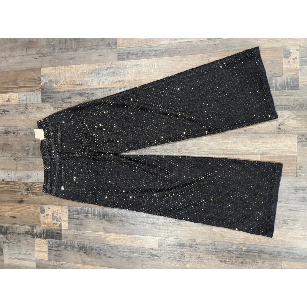 Alice and Olivia Black Gold Rhinestone Embellished Wide Leg Jeans High Rise | 28 - Picture 5 of 10